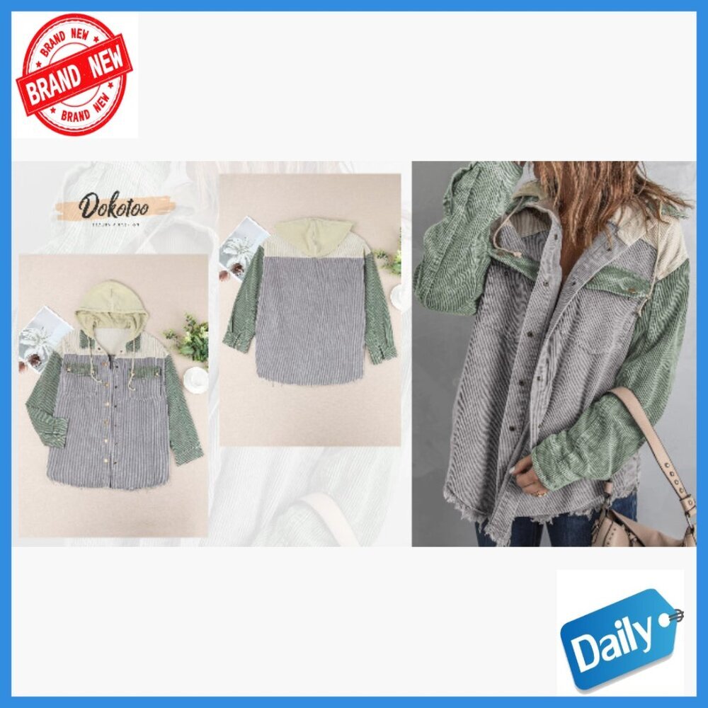 Corduroy Shacket Jacket Long Sleeve Button Down Hooded Coat with Pockets - Picture 7 of 7